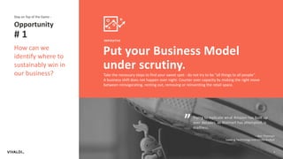 6
IMPERATIVE
Put your Business Model
under scrutiny.
Take the necessary steps to find your sweet spot - do not try to be “all things to all people”.
A business shift does not happen over night: Counter over-capacity by making the right move
between reinvigorating, renting out, removing or reinventing the retail space.
Opportunity
# 1
Stay on Top of the Game -
How can we
identify where to
sustainably win in
our business?
Trying to replicate what Amazon has built up
over decades, as Walmart has attempted, is
madness.
– Ben Thomson
Leading Technology and Media Analyst
“
 