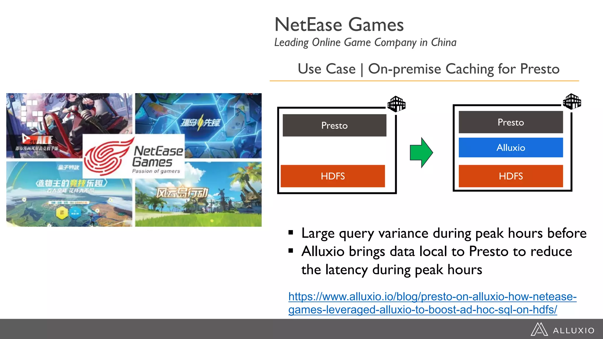Use Case | On-premise Caching for Presto
HDFS
§ Large query variance during peak hours before
§ Alluxio brings data local to Presto to reduce
the latency during peak hours
NetEase Games
Leading Online Game Company in China
https://www.alluxio.io/blog/presto-on-alluxio-how-netease-
games-leveraged-alluxio-to-boost-ad-hoc-sql-on-hdfs/
Presto
HDFS
Presto
Alluxio
 