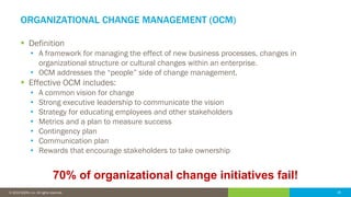 16© 2016 IDERA, Inc. All rights reserved. Proprietary and confidential. 16© 2019 IDERA, Inc. All rights reserved.
ORGANIZATIONAL CHANGE MANAGEMENT (OCM)
▪ Definition
• A framework for managing the effect of new business processes, changes in
organizational structure or cultural changes within an enterprise.
• OCM addresses the “people” side of change management.
▪ Effective OCM includes:
• A common vision for change
• Strong executive leadership to communicate the vision
• Strategy for educating employees and other stakeholders
• Metrics and a plan to measure success
• Contingency plan
• Communication plan
• Rewards that encourage stakeholders to take ownership
70% of organizational change initiatives fail!
 
