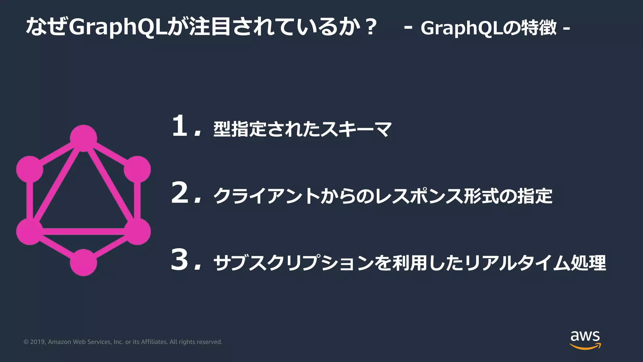 © 2019, Amazon Web Services, Inc. or its Affiliates. All rights reserved.
なぜGraphQLが注目されているか？ - GraphQLの特徴 -
１. 型指定されたスキーマ
２. クライアントからのレスポンス形式の指定
３. サブスクリプションを利用したリアルタイム処理
 