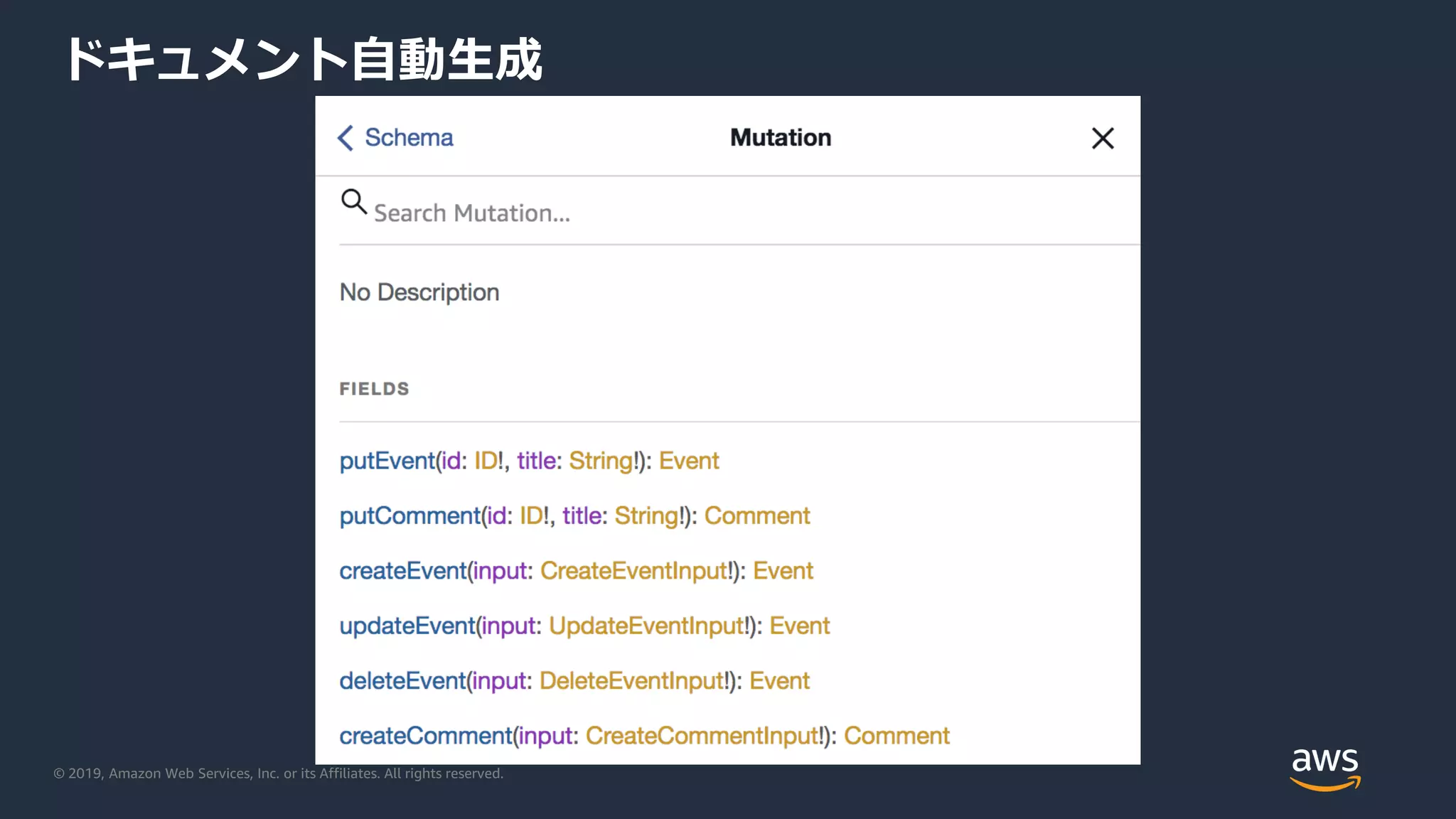 © 2019, Amazon Web Services, Inc. or its Affiliates. All rights reserved.
ドキュメント自動生成
 