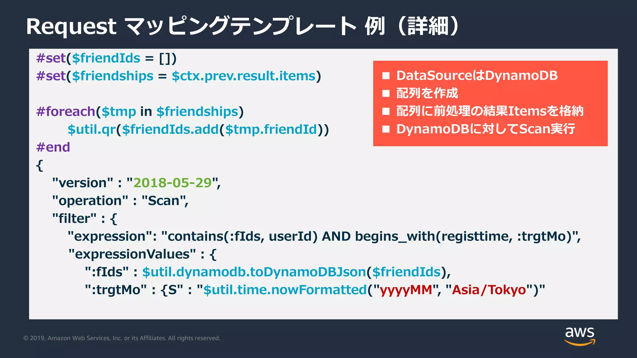 © 2019, Amazon Web Services, Inc. or its Affiliates. All rights reserved.
Request マッピングテンプレート 例（詳細）
#set($friendIds = [])
#set($friendships = $ctx.prev.result.items)
#foreach($tmp in $friendships)
$util.qr($friendIds.add($tmp.friendId))
#end
{
"version" : "2018-05-29",
"operation" : "Scan",
"filter" : {
"expression": "contains(:fIds, userId) AND begins_with(registtime, :trgtMo)",
"expressionValues" : {
":fIds" : $util.dynamodb.toDynamoDBJson($friendIds),
":trgtMo" : {S" : "$util.time.nowFormatted("yyyyMM", "Asia/Tokyo")"
■ DataSourceはDynamoDB
■ 配列を作成
■ 配列に前処理の結果Itemsを格納
■ DynamoDBに対してScan実行
 