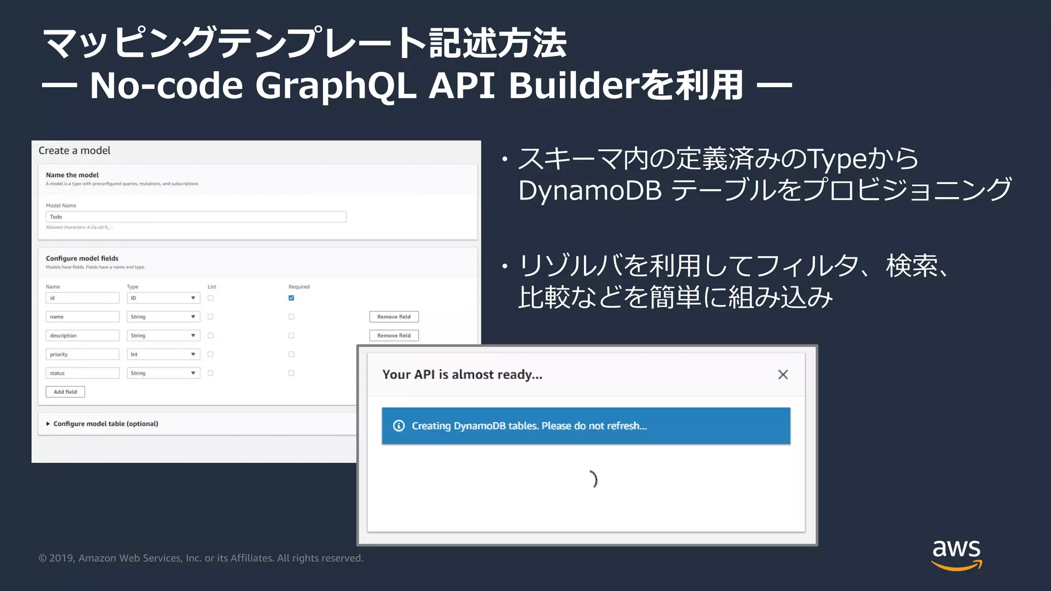 © 2019, Amazon Web Services, Inc. or its Affiliates. All rights reserved.
・スキーマ内の定義済みのTypeから
DynamoDB テーブルをプロビジョニング
・リゾルバを利用してフィルタ、検索、
比較などを簡単に組み込み
マッピングテンプレート記述方法
━ No-code GraphQL API Builderを利用 ━
 