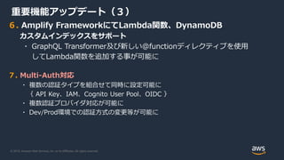 © 2019, Amazon Web Services, Inc. or its Affiliates. All rights reserved.
６. Amplify FrameworkにてLambda関数、DynamoDB
カスタムインデックスをサポート
・ GraphQL Transformer及び新しい@functionディレクティブを使用
してLambda関数を追加する事が可能に
７. Multi-Auth対応
・ 複数の認証タイプを組合せて同時に設定可能に
｛ API Key、IAM、Cognito User Pool、OIDC ｝
・ 複数認証プロバイダ対応が可能に
・ Dev/Prod環境での認証方式の変更等が可能に
重要機能アップデート（３）
 