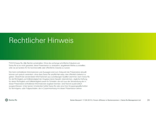 Stefan Bossard l 17.09.2019 | Forum «Effizienz in Rechenzentren» | Swiss Re Management Ltd
Rechtlicher Hinweis
20
©2019 Swiss Re. Alle Rechte vorbehalten. Ohne die vorherige schriftliche Erlaubnis von
Swiss Re ist es nicht gestattet, diese Präsentation zu verändern, abgeleitete Werke zu erstellen,
oder sie auf andere Art für kommerzielle oder öffentliche Zwecke zu nutzen.
Die hierin enthaltenen Informationen und Aussagen sind zum Zeitpunkt der Präsentation aktuell,
können sich jedoch verändern, ohne dass Swiss Re verpflichtet wäre, dies öffentlich bekannt zu
geben. Obwohl die verwendeten Informationen aus zuverlässigen Quellen stammen, kann Swiss Re
für die Richtigkeit und Vollständigkeit der Angaben keine Gewähr übernehmen. Jegliche Haftung
für deren Richtigkeit und Vollständigkeit sowie für Schäden, die sich aus der Verwendung der in
dieser Präsentation enthaltenen Informationen ergeben könnten, wird hiermit ausdrücklich
ausgeschlossen. Unter keinen Umständen haftet Swiss Re oder eine ihrer Gruppengesellschaften
für Vermögens- oder Folgeschäden, die in Zusammenhang mit dieser Präsentation stehen.
 