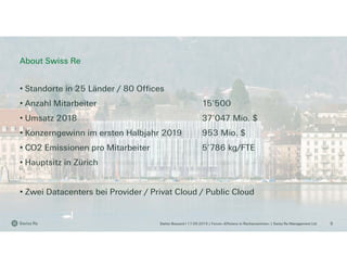 Stefan Bossard l 17.09.2019 | Forum «Effizienz in Rechenzentren» | Swiss Re Management Ltd
• Standorte in 25 Länder / 80 Offices
• Anzahl Mitarbeiter 15’500
• Umsatz 2018 37’047 Mio. $
• Konzerngewinn im ersten Halbjahr 2019 953 Mio. $
• CO2 Emissionen pro Mitarbeiter 5’786 kg/FTE
• Hauptsitz in Zürich
• Zwei Datacenters bei Provider / Privat Cloud / Public Cloud
About Swiss Re
5
 
