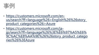 https://customers.microsoft.com/en-
us/search?ff=language%26>English%26%26story_
product_categories%26>Azure
https://customers.microsoft.com/ja-
jp/search?ff=language%26%3E%E6%97%A5%E6%
9C%AC%E8%AA%9E%26%26story_product_catego
ries%26%3EAzure
 