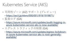 https://ascii.jp/elem/000/001/919/1919871/
https://azure.microsoft.com/updates/audit-logging-in-
azure-kubernetes-service-aks-is-now-available/
https://azure.microsoft.com/updates/egress-lockdown-
in-azure-kubernetes-service-aks-is-now-generally-
available/
 
