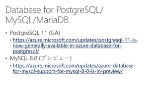 https://azure.microsoft.com/updates/postgresql-11-is-
now-generally-available-in-azure-database-for-
postgresql/
https://azure.microsoft.com/updates/azure-database-
for-mysql-support-for-mysql-8-0-is-in-preview/
 