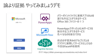 パワーポイントライクに業務アプリのUIを
誰でも作ることができるサービス
Office 365 ファミリーの 1 つ
PowerAppsで作ったUIとAIサービスを
接合することができるサービス
色々なものを接合できる
Cognitive Services
前述の学習済みのアルゴリズムを
クラウドに展開してサービス化したもの
今回はFaceAPIを使用
ガイド: https://dllab-powerapp.azurewebsites.net/index.html
 