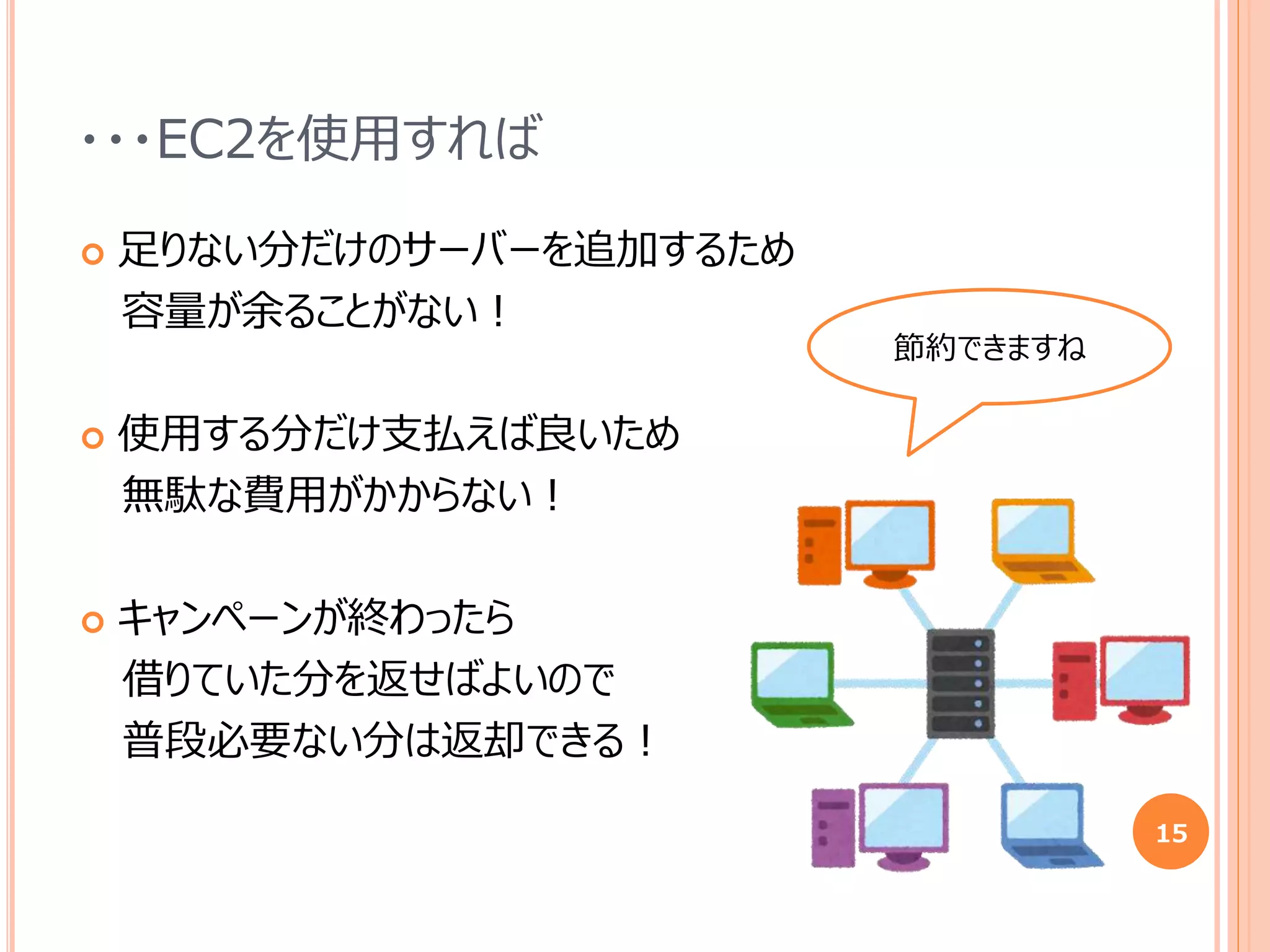  足りない分だけのサーバーを追加するため
容量が余ることがない！
 使用する分だけ支払えば良いため
無駄な費用がかからない！
 キャンペーンが終わったら
借りていた分を返せばよいので
普段必要ない分は返却できる！
15
・・・EC2を使用すれば
節約できますね
 