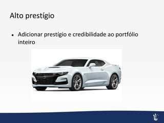 Alto prestígio
● Adicionar prestígio e credibilidade ao portfólio
inteiro
 