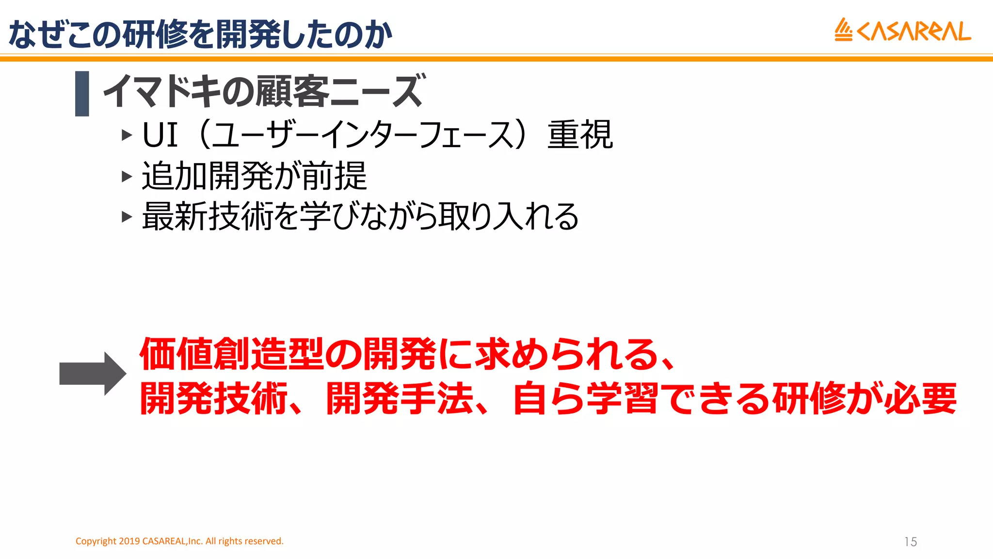 なぜこの研修を開発したのか
▌イマドキの顧客ニーズ
▸UI（ユーザーインターフェース）重視
▸追加開発が前提
▸最新技術を学びながら取り⼊れる
Copyright 2019 CASAREAL,Inc. All rights reserved. 15
価値創造型の開発に求められる、
開発技術、開発⼿法、⾃ら学習できる研修が必要
 