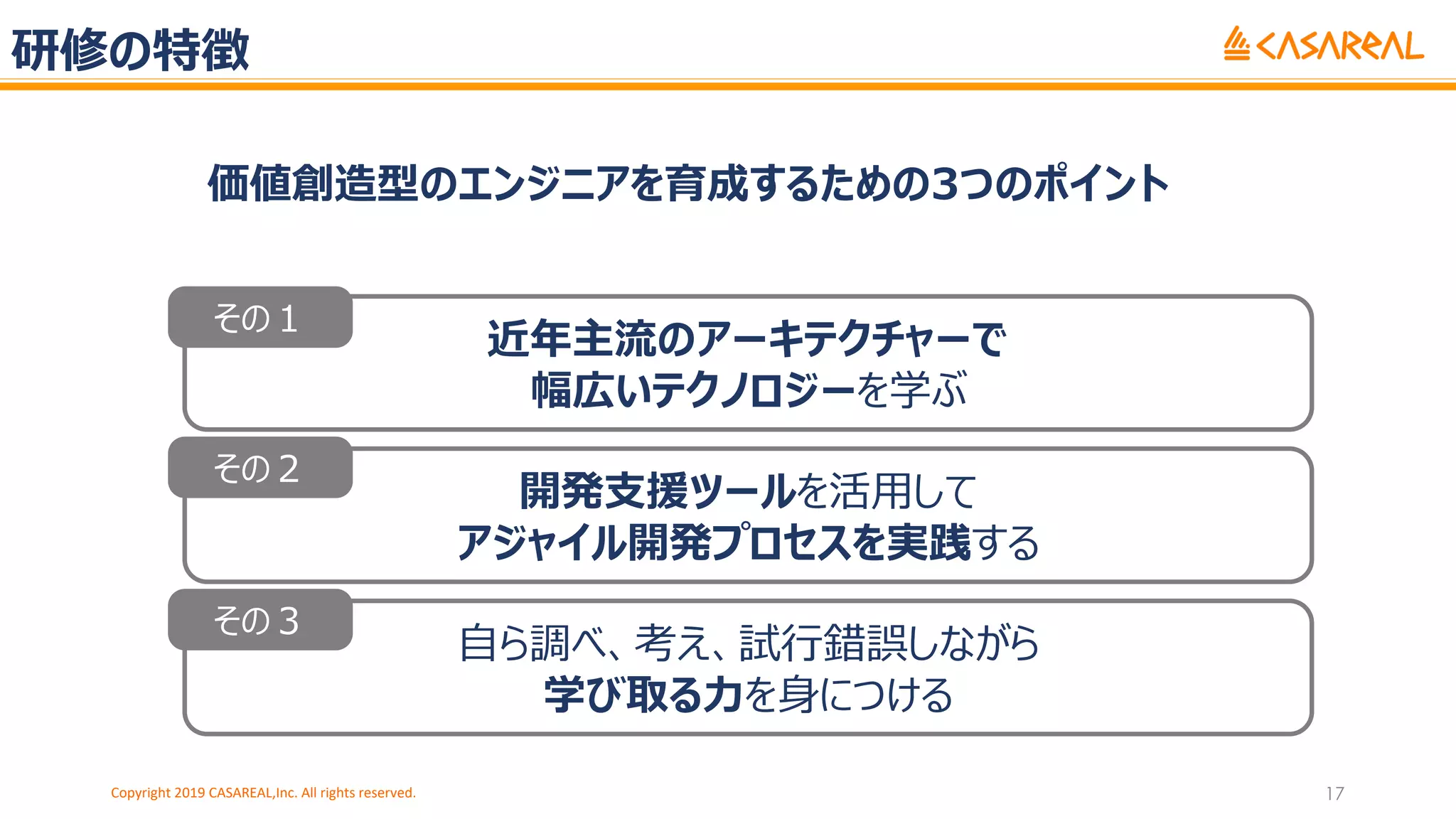 研修の特徴
Copyright 2019 CASAREAL,Inc. All rights reserved. 17
価値創造型のエンジニアを育成するための3つのポイント
近年主流のアーキテクチャーで
幅広いテクノロジーを学ぶ
その１
開発⽀援ツールを活⽤して
アジャイル開発プロセスを実践する
その２
⾃ら調べ、考え、試⾏錯誤しながら
学び取る⼒を⾝につける
その３
 