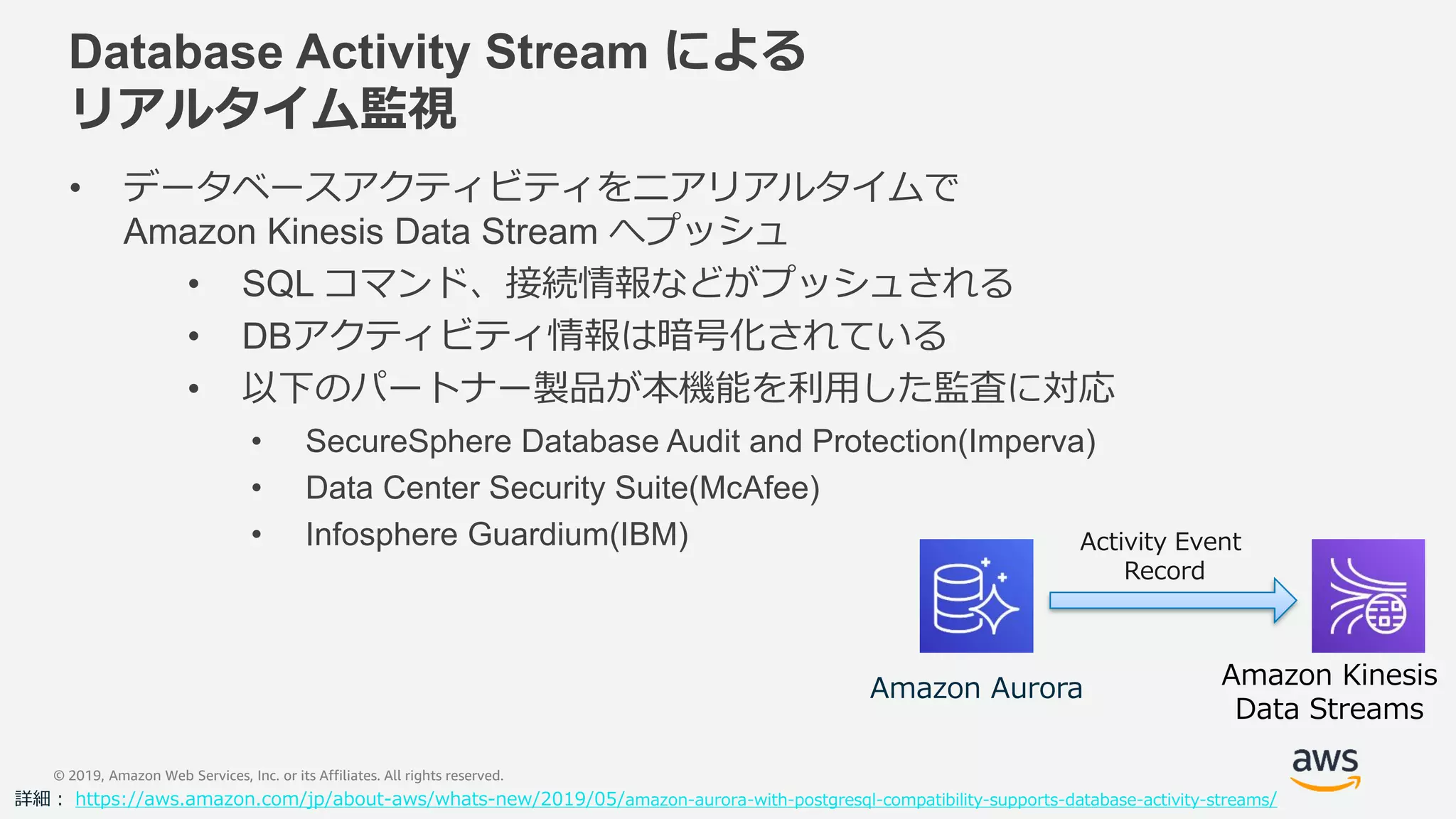 © 2019, Amazon Web Services, Inc. or its Affiliates. All rights reserved.
Database Activity Stream による
リアルタイム監視
• データベースアクティビティをニアリアルタイムで
Amazon Kinesis Data Stream へプッシュ
• SQL コマンド、接続情報などがプッシュされる
• DBアクティビティ情報は暗号化されている
• 以下のパートナー製品が本機能を利用した監査に対応
• SecureSphere Database Audit and Protection(Imperva)
• Data Center Security Suite(McAfee)
• Infosphere Guardium(IBM)
詳細： https://aws.amazon.com/jp/about-aws/whats-new/2019/05/amazon-aurora-with-postgresql-compatibility-supports-database-activity-streams/
Amazon Kinesis
Data Streams
Amazon Aurora
Activity Event
Record
 