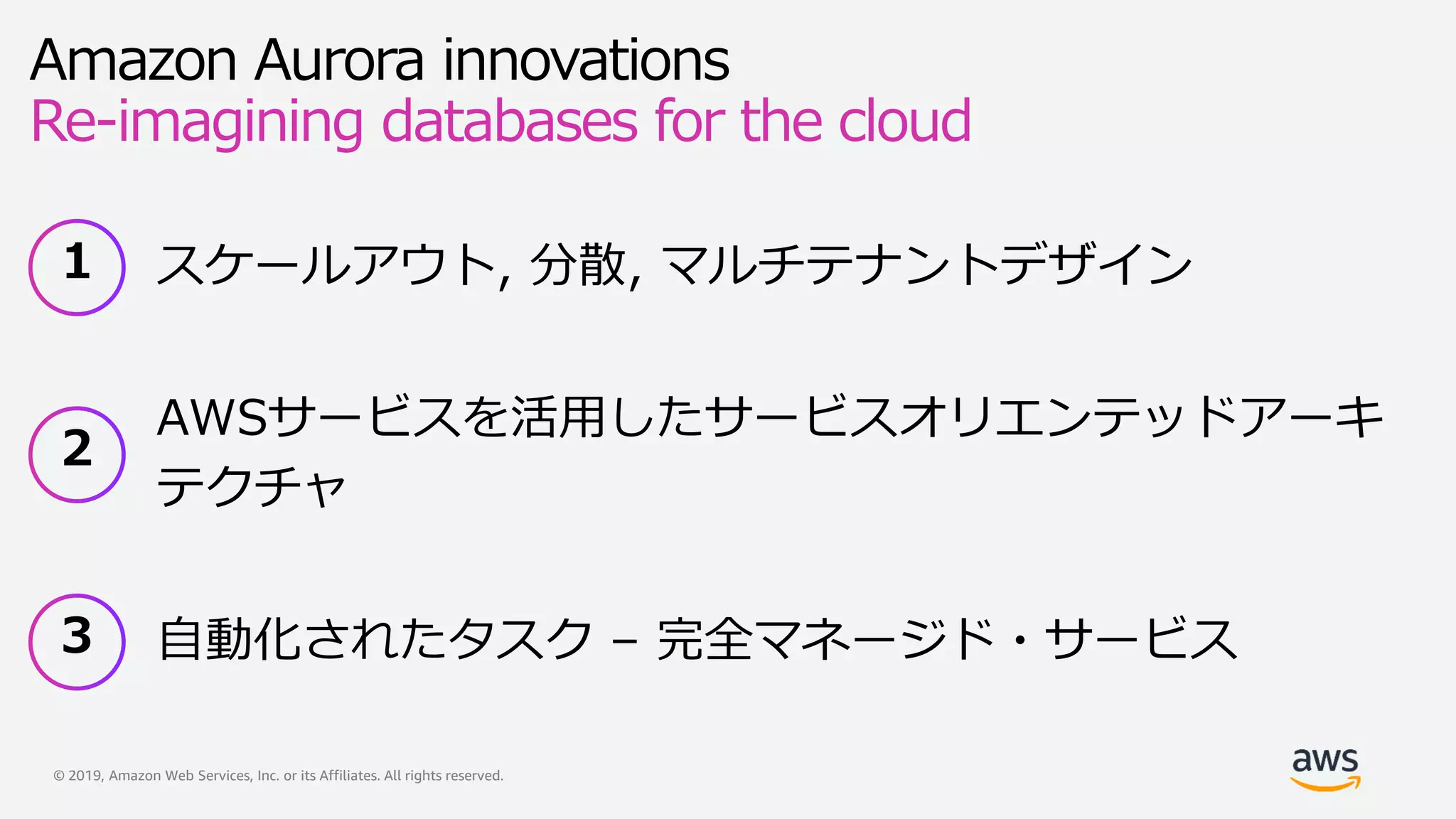 © 2019, Amazon Web Services, Inc. or its Affiliates. All rights reserved.
Amazon Aurora innovations
Re-imagining databases for the cloud
自動化されたタスク – 完全マネージド・サービス
スケールアウト, 分散, マルチテナントデザイン
AWSサービスを活用したサービスオリエンテッドアーキ
テクチャ
 