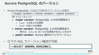 © 2019, Amazon Web Services, Inc. or its Affiliates. All rights reserved.
Aurora PostgreSQL のバージョン
• Aurora PostgreSQL では以下の形式でバージョンを表す
(例: 2.3.3, 1.5.2 など)
 major version: PostgreSQL との対応関係あり
• 1.y.z: 9.6系との互換性
• 2.y.z: 10系との互換性
 minor version: PostgreSQL との対応関係あり
• 例えば、2.3.z は 10.7との互換性があることを示す
 patch version: Aurora 独自のパッチバージョン
• 以下の SQL でバージョン確認が可能
<major version>.<minor version>.<patch version>
詳細：https://docs.aws.amazon.com/ja_jp/AmazonRDS/latest/AuroraUserGuide/AuroraPostgreSQL.Updates.20180305.html
=>SELECT AURORA_VERSION();
 