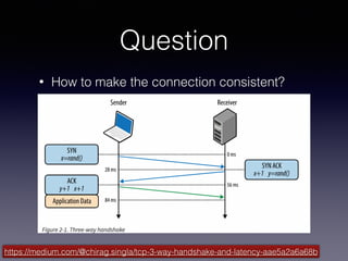 Question
• How to make the connection consistent?
https://medium.com/@chirag.singla/tcp-3-way-handshake-and-latency-aae5a2a6a68b
 
