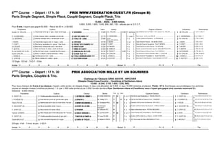 6ème
Course – Départ : 17 h. 00 PRIX WWW.FEDERATION-OUEST.FR (Groupe B)
Paris Simple Gagnant, Simple Placé, Couplé Gagnant, Couplé Placé, Trio
Course F
13.000. - Attelé. - 2.900 mètres.
5.850, 3.250, 1.820, 1.040, 650, 260, 130.- alloués par la S.E.C.F.
Pour 5 ans, n’ayant pas gagné 52.000. - Recul de 25 m. à 26.000.
Propriétaires Couleurs Chevaux Gains Jockeys Origines ♦ Eleveurs Entraîneurs Performances
Ecurie J.Cl. HALLAIS................... Chevronnée noir et rge, m. rges, t. écart. noir et rouge. ..............................4=B8A44........................................  16 240 J.CL. HALLAIS............... 2.900 F. bai fonce
5
Jag de Bellouet et Ou Va t'Elle ♦ S.N.C. Ecurie J.CL. HALLAIS...........................J.W. HALLAIS ...............................1. 3. 6. R. (18) 6. 0.
D. CHERBONNEL .......................!Noire, chevron violet, t. écartelée noir et violet.................................!40BH3420AB8ÐÐ......................... 22 170 D. CHERBONNEL ......... - F. n.pan 5 Nil et Tina ♦ S.A.R.L. de CARSI ................................................................ !D. CHERBONNEL.........................D. 5. 3. Dm 7. 7.
J.A. BERNARD ............................Blanche, écharpe verte, t. cerclée blanc et vert.................................4C8;434;ª8B02...........................  23 680 Vincent
ROBILLARD-VOISIN.......*
- F. b. 5 Un Mec d'Heripre et Randale ♦ J.A. BERNARD ................................................CH. CHALON ................................0. 7. 4. 0. 7m D.
J. BODIN......................................#Chevronnée rouge et vert, m. rouges, t. verte. ................................#4I42780B.........................................  24 700 G. MARIN.................... - H. al. 5 Quick Wood et Thyias ♦ Cte de BELLAIGUE .............................................#J. BODIN ................................7. 4. 4. 4. 9. 5.
F. FURET................................ $Bleu-foncé, épaulettes et m. jaunes, t. bleu-foncé..............................$4B20;434B270?BÐÐ............ 25 060 F. FURET .................... - F. b. 5 Kenor de Cosse et Jacquerie ♦ Paul Y. BIGNON................................ $F. FURET ................................3. 6. 0. 4. 8. 8.
Ch. BEZIER................................ %Bleu-foncé, écharpe bleu-clair, t. bleu-foncé. ................................%434=5;4DA8...................................  25 330 CH. BEZIER................ - H. b. 5 Othello Bourbon et Unite Fleurie ♦ CH. BEZIER ................................................%F. BEZIER ................................4. 8. 9. D. 5. 5.
P. MARTIN................................ Écart. noir et rose, m. noires, t. écart. noir et rose.................................4034;0A2H............................  25 940 M. HAMELIN ............... - F. b. 5 Essaim Laurent et Pose Saint Laurent ♦ Michel BERTHELOT .........................P. MARTIN ................................7. 4. D. D. D. 0.
Ec. du HARAS DU CLOS............'Bleu-fcé, brass. jaunes, t. écartelée bleu-fcé et jaune.................................'4B4A0;303D2;B...................  26 720 M. FRIBAULT................. 2.925 F. b. 5 Revel d'Anama et Polka du Prey ♦ G.M. DURAND ................................ 'G.M. DURAND ..............................8. 7. 8. 0m 1. 5.
Ecurie CHALON...........................(Bleue, m. bleues, coutures blanches, t. bleue. ................................(4;68C49HÐÑ.............................. 46 410 TH. CHALON .............. - H. b. 5 Joe l'Amoroso et Selune d'Herfraie ♦ Mme V. CHALON ................................(CH. CHALON ................................4. 4. 8. 7m 2m D.
L. DANIELO ................................Cerclée jaune et vert, t. verte...............................................................4C8;430DA;=34ÐÐ........ 47 440 L. DANIELO................. - F. b. 5 Kaisy Dream et Precipitation ♦ Daniel Paul NOEL................................ L. DANIELO................................D. 6. 4. 4. 8. 7.
D. LERICHE................................ Marron, étoiles et m. vertes, t. jaune................................. 4;42C7AB4607..........................  50 370 S. HOUYVET .............. - H. b. 5 Mourotais et Noelle Royale ♦ Ecurie Sébastien HOUYVET ................................ S. HOUYVET................................0. 8. 8. 4. 2. 6.
137 Engts - 102 forf. - 7 N.D.P. - 5 Elim.
Arrivée : 1er ............... 2e ............... 3e ............... 4e ............... 5e ............... 6e ............... 7e ............... 8e ............... 9e ............... 10e ............... - Mutuel : G ............... P ............... ............... ............... - PJ : G ............... P ............... ............... ............... - Trio ...............
7ème
Course – Départ : 17 h. 30 PRIX ASSOCIATION MILLE ET UN SOURIRES
Paris Simples, Couplés  Trio.
Challenge de l’Obstacle GRAS SAVOYE - HIPCOVER
(Steeple-Chase-Cross-Country. - Cavalières et Gentlemen-riders)
13.000 - (6.240, 3.120, 1.820, 1.235, 585).
Pour tous chevaux de 5 ans et au-dessus, n’ayant, cette année, en steeple-chase, ni reçu une allocation de 5.000, ni reçu 10.000 (victoires et places). Poids : 67 k. Surcharges accumuléespour les sommes
reçues en steeple-chases (victoires et places) :1 k. par 1.000 cette année et par 2.000 l’année dernière.Pour Gentlemen-riders et Cavalières, ceux n’ayant pas gagné cinq courses recevront 3 k.
Distance : 4.000 mètres
Propriétaires Couleurs Chevaux Montes Poids (1) Valeur Origines ♦ Eleveurs Entraîneurs Performances
D. CADOT (S).......................................................Violette epaulettes brassards et t gris................................ D;HBB434;ª0D=0HÊ............... M. Emilien MANCEAU... 75 72 - H. b.-f.11 Roli Abi et Lady Rosekadrou ♦ PASCAL REAUTE..................................... D. CADOT (S)................................111j 2c (18) 4c 3c 2c 5c Ac Tc 1c
Ac
J. PLANQUE (S) ...................................................!Rose trois los. gris m los. gris et roses t grise................................!3D;BÊ................................... M. Freddy TETT.......... 73 . 50* H. gr. 6 Gris De Gris (IRE) et Ovive ♦ E.A.R.L. TRINQUET...................................... !J. PLANQUE (S)............................16j Ac 2s 7c 4c 8s (18) 3s (17) As
5h
Thierry POCHE.....................................................Blanche cadre vert m cerc blc et vert t blche 1 los vert................................18?18?34B1A84A4BΦ............... M. Christopher RIOU..... 72 69 - H. b. 6 Sandwaki (USA) et Union Des Brieres ♦ ERIC SAILLY......................................... T. POCHE................................16j Dc 2c 4c (18) 3c As 4c 7c As
Dc
O. SAUVAGET (S)................................ #Mauve epaulettes vertes t mauve................................ #0CAH34;0E8A4................... M. Emmanuel
FOUQUET ....................
70 . - H. b. 9 Protektor (GER) et Pamina Des Brosses ♦ CYRILLE CHENAY........................... #O. SAUVAGET (S) ........................13j 5c 3s 5s Tc Tc (16) Ac Dc Ac
4c
E. LERAY (S)........................................................$Bleue bande et m noires t bleue..........................................................$E8C03A....................................... M. Guillaume VIEL ........ 69 . - H. b. 10 Nidor et Bela Maria Has ♦ PATRICK BEUDARD........................................ $E. LERAY (S)................................405j (18) 2c 4c (17) 5c 1c 1c Tc 1c
5c
Yannick LIVENAIS................................ %Bleue triangle jaune m bles diab jaunes t ble 1 los jaun...............................%6A40C7A8I=Ê................... M. Leo-Paul DORY........ 68 65 - H. b.-f.11 Great Pretender (IRE) et Sensibilite ♦ PHILIPPE MEHAT .................................... %S. DORY ................................17j 7c 6c 5c Tc 9c Ac (18) Tc 3c
Tc
D. CADOT (S).......................................................Violette epaulettes brassards et t gris (ech.)................................14BC34;0C78=C4Φ................. M. Lucas ZULIANI......... 67 . - F. b. 8 Anzillero (GER) et Belis De La Thinte ♦ CLAUDE FAVIER................................... D. CADOT (S)................................398j (18) 2c 4s 6s (17) Ts 2s Tc 2c
3c
Claude MACAULT ................................ 'Verte une etoile brassards et t rouges................................'20A;034C48;;44.................... M. Benjamin CARON..... 65 . - F. b. 11 Vic Toto et Lady De Pam ♦ BROSSEAU ET FILS........................................ 'C. MACAULT................................685j (17) Tc 2c 6c 4c 2c (16) 2c
(15) Tc
20 Engts - 6 forf. - 1 Annul. de part. - 5 N.D.P.
Arrivée : 1er ............... 2e ............... 3e ............... 4e ............... 5e ............... 6e ............... 7e ............... 8e ............... 9e ............... 10e ............... - Mutuel : G ............... P ............... ............... ............... - PJ : G ............... P ............... ............... ............... - Trio ...............
 