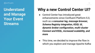 1515
Why a new Control Center UI?
● Control Center has introduced great
enhancements since Confluent Platform 5.0,
such as a consumer lag, message browser,
Schema Registry integration, KSQL UI,
dynamic broker configuration, multi-cluster
Connect and KSQL, increased scalability, and
more
● This time, we decided to improve the flow in
which you explore and manage Apache Kafka
Understand
and Manage
Your Event
Streams
 