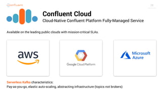 28
Confluent Cloud
Cloud-Native Confluent Platform Fully-Managed Service
Available on the leading public clouds with mission-critical SLAs.
Serverless Kafka characteristics:
Pay-as-you-go, elastic auto-scaling, abstracting infrastructure (topics not brokers)
 