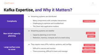 29
Kafka Expertise, and Why it Matters?
Complexity
Large surface area
to cover
● Streaming systems are distributed
○ Many components with complex interactions
○ Challenging to optimize and troubleshoot
○ The Client also application matters
● Streaming systems are stateful
○ Capacity planning is non-trivial
○ Retention, memory, compute and n/w need sizing
● They require many APIs, metrics, systems, and configs
○ Difficult to secure and monitor
○ Time-consuming, difficult to learn and manage
DOWNTIME RISK
DATA LOSS
LATENCY
SECURITY RISK
TIME TO MARKET
SLOW TO LAUNCH
Non-trivial capacity
planning
 