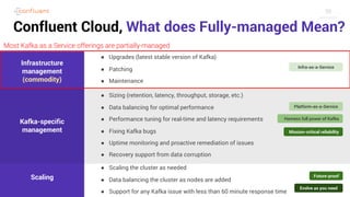 30
Confluent Cloud, What does Fully-managed Mean?
Infrastructure
management
(commodity)
Scaling
● Upgrades (latest stable version of Kafka)
● Patching
● Maintenance
● Sizing (retention, latency, throughput, storage, etc.)
● Data balancing for optimal performance
● Performance tuning for real-time and latency requirements
● Fixing Kafka bugs
● Uptime monitoring and proactive remediation of issues
● Recovery support from data corruption
● Scaling the cluster as needed
● Data balancing the cluster as nodes are added
● Support for any Kafka issue with less than 60 minute response time
Infra-as-a-Service
Harness full power of Kafka
Kafka-specific
management
Platform-as-a-Service
Evolve as you need
Future-proof
Mission-critical reliability
Most Kafka as a Service offerings are partially-managed
 