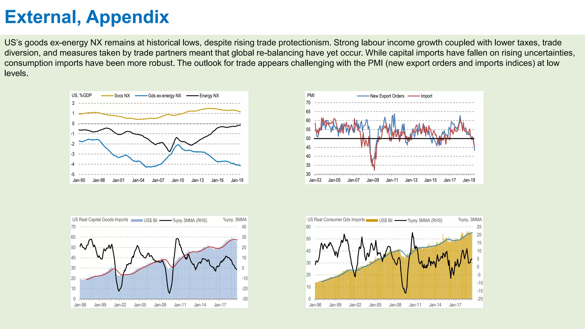 External, Appendix
US’s goods ex-energy NX remains at historical lows, despite rising trade protectionism. Strong labour income growth coupled with lower taxes, trade
diversion, and measures taken by trade partners meant that global re-balancing have yet occur. While capital imports have fallen on rising uncertainties,
consumption imports have been more robust. The outlook for trade appears challenging with the PMI (new export orders and imports indices) at low
levels.
-5
-4
-3
-2
-1
0
1
2
Jan-95 Jan-98 Jan-01 Jan-04 Jan-07 Jan-10 Jan-13 Jan-16 Jan-19
US, %GDP Svcs NX Gds ex-energy NX Energy NX
30
35
40
45
50
55
60
65
70
Jan-03 Jan-05 Jan-07 Jan-09 Jan-11 Jan-13 Jan-15 Jan-17 Jan-19
PMI New Export Orders Import
-30
-20
-10
0
10
20
30
40
0
10
20
30
40
50
60
70
Jan-96 Jan-99 Jan-02 Jan-05 Jan-08 Jan-11 Jan-14 Jan-17
%yoy, 3MMAUS Real Capital Goods Imports US$ Bil %yoy 3MMA (RHS)
-20
-15
-10
-5
0
5
10
15
20
25
0
10
20
30
40
50
60
Jan-96 Jan-99 Jan-02 Jan-05 Jan-08 Jan-11 Jan-14 Jan-17
%yoy, 3MMAUS Real Consumer Gds Imports US$ Bil %yoy 3MMA (RHS)
 