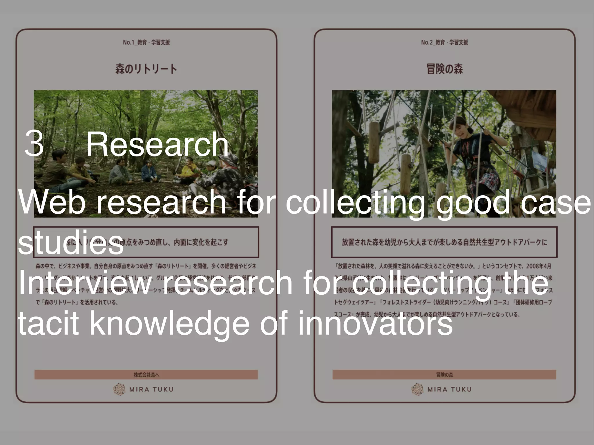 ３ Research
Web research for collecting good case
studies
Interview research for collecting the
tacit knowledge of innovators
 