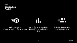 8
ひとつのapkで
すべての対応アプリストアへ
各アプリストアの統計
をUDPダッシュボードに
表示
世界中の数百万人の
ユーザーへリーチ
 