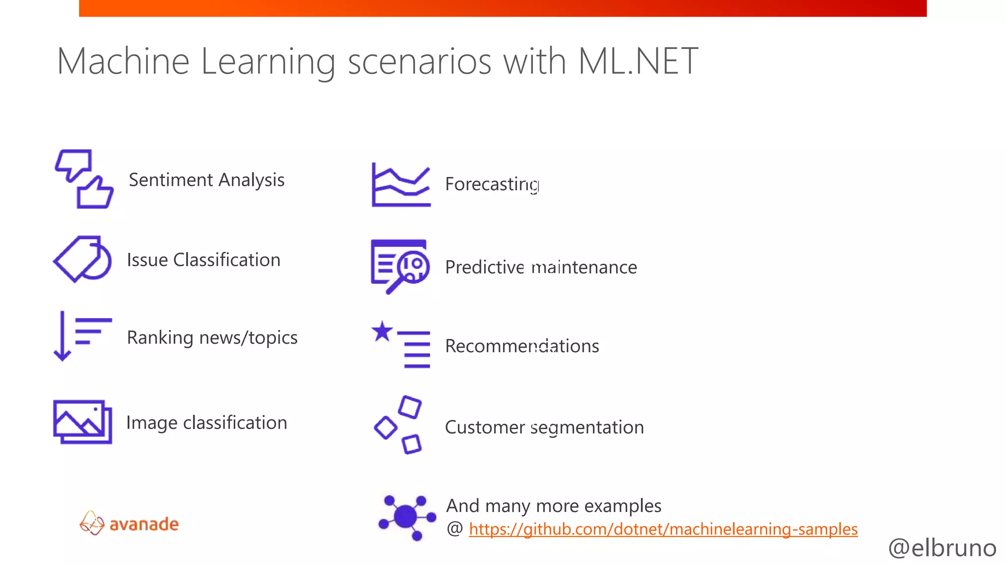 @elbruno
And many more examples
@ https://github.com/dotnet/machinelearning-samples
Customer segmentation
Recommendations
Predictive maintenance
Forecasting
Issue Classification
Ranking news/topics
Image classification
Sentiment Analysis
Machine Learning scenarios with ML.NET
 