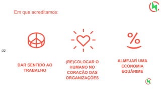 Em que acreditamos:
-22
(RE)COLOCAR O
HUMANO NO
CORACÃO DAS
ORGANIZAÇÕES
DAR SENTIDO AO
TRABALHO
ALMEJAR UMA
ECONOMIA
EQUÂNIME
 