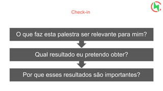 Check-in
Por que esses resultados são importantes?
Qual resultado eu pretendo obter?
O que faz esta palestra ser relevante para mim?
 