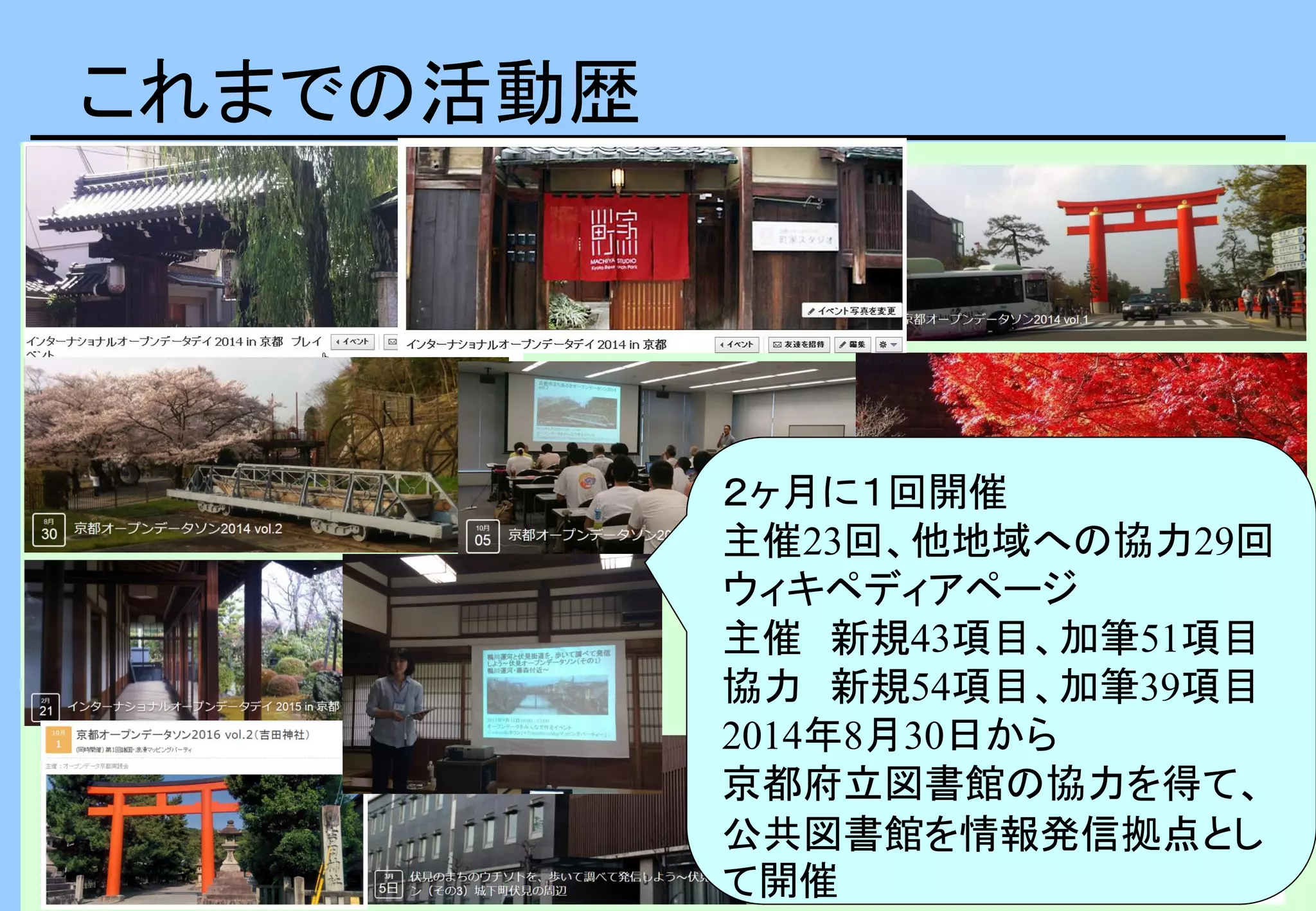 これまでの活動歴
２ヶ月に１回開催
主催23回、他地域への協力29回
ウィキペディアページ
主催 新規43項目、加筆51項目
協力 新規54項目、加筆39項目
2014年8月30日から
京都府立図書館の協力を得て、
公共図書館を情報発信拠点とし
て開催
 