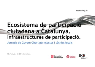 #BeWaterMyGov
Ecosistema de participació
ciutadana a Catalunya.
Infraestructures de participació.
Jornada de Govern Obert per electes i tècnics locals
10 d’octubre de 2019, Barcelona
 