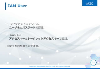 Copyright Management Service Corp. All Rights Reserved.
IAM User
? ޥͥȥ󥽩`
`ȥѥ`ɤJ^
? AWS CLI
`ȥ`åȥ`J^
ʹΤ`Τע⡣
22
 