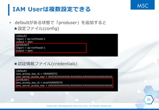 Copyright Management Service Corp. All Rights Reserved.
IAM User}OǤ
? default״Bǡproduser׷Ӥ
Oե(config)
J^ե(credentials)
33
[default]
region = ap-northeast-1
output = json
[produser]
region = ap-northeast-1
output = json
[default]
aws_access_key_id = YAMAMOTO
aws_secret_access_key = XXXXXXXXXXXXX/XXXXXXX/XXXXXXXXXXXXXXXXXX
[produser]
aws_access_key_id = prodYAMAMOTO
aws_secret_access_key = XXXXXXXXXXXXX/XXXXXXX/XXXXXXXXXXXXXXXXXX
 