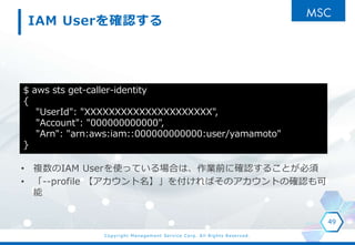Copyright Management Service Corp. All Rights Reserved.
IAM User_J
? }IAM UserʹäƤϤϡIǰ˴_J뤳Ȥ
? --profile 򸶤ФΥȤδ_J

49
$ aws sts get-caller-identity
{
"UserId": "XXXXXXXXXXXXXXXXXXXXX",
"Account": "000000000000",
"Arn": "arn:aws:iam::000000000000:user/yamamoto"
}
 