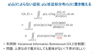 q(x|z)によらない近似：p(z)を近似分布r(z)に置き換える
𝐼 𝑋, 𝑍 =
𝑥,𝑧∈𝒳,𝒵
𝑝 𝑥, 𝑧 log
𝑝(𝑥, 𝑧)
𝑝 𝑥 𝑝(𝑧)
𝑑𝑥 𝑑𝑧
=
𝑥,𝑧∈𝒳,𝒵
𝑝 𝑧|𝑥 𝑝(𝑥) log
𝑝 𝑧 𝑥 𝑝(𝑥)
𝑝 𝑥 𝑝(𝑧)
𝑑𝑥 𝑑𝑧
≤
𝑥,𝑧∈𝒳,𝒵
𝑝 𝑧|𝑥 𝑝(𝑥) log
𝑝 𝑧 𝑥
𝑟(𝑧)
𝑑𝑥 𝑑𝑧
• 利用例：Variational Information Bottoleneck（I(X,Z)を制限）
• 問題：上界なので最大化しても意味がない（下界がほしい）
11
 