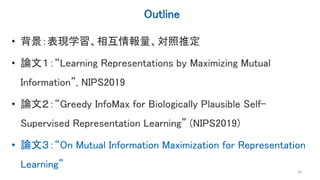 Outline
• 背景：表現学習、相互情報量、対照推定
• 論文１：“Learning Representations by Maximizing Mutual
Information”, NIPS2019
• 論文２：“Greedy InfoMax for Biologically Plausible Self-
Supervised Representation Learning” (NIPS2019)
• 論文３：“On Mutual Information Maximization for Representation
Learning”
36
 
