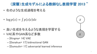（深層）生成モデルによる教師なし表現学習 2013 ~
• 右のような生成過程を考える
• log 𝑝 𝑥 = 𝑝 𝑥 𝑧 𝑑𝑧
• 良い生成を与えるような表現を学習する
• VAE系やGAN系など多数
– [Kingma+ 14] VAE
– [Donahue+ 17] bidirectional GAN
– [Dumoulin+ 17] adversarial learned inference
7
𝑥
𝑧
 