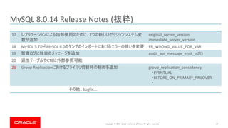 Copyright © 2019, Oracle and/or its affiliates. All rights reserved. 15
MySQL 8.0.14 Release Notes ( )
17 2 original_server_version
immediate_server_version
18 MySQL 5.7 MySQL 8.0 ER_WRONG_VALUE_FOR_VAR
19 audit_api_message_emit_udf()
20 CTE
21 Group Replication group_replication_consistency
EVENTUAL
BEFORE_ON_PRIMARY_FAILOVER
bugfix….
 