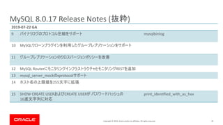 Copyright © 2019, Oracle and/or its affiliates. All rights reserved. 19
MySQL 8.0.17 Release Notes ( )
2019-07-22 GA
9 mysqlbinlog
10 MySQL
11
12 MySQL Router REST
13 mysql_server_mock xprotocol
14 255
15 SHOW CREATE USER CREATE USER
16
print_identified_with_as_hex
 