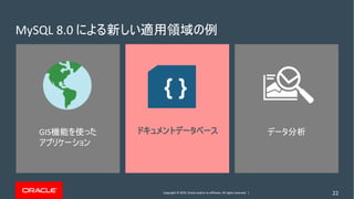 Copyright © 2019, Oracle and/or its affiliates. All rights reserved. |
GIS
22
MySQL 8.0
{ }
 