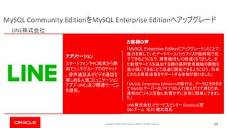 Copyright © 2019, Oracle and/or its affiliates. All rights reserved. 69
MySQL Community Edition MySQL Enterprise Edition
PC
1:1
LINE
MySQL Enterprise Edition
10
LINE
MySQL Enterprise Edition
MySQL
LINE IT Database
DB1
 