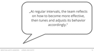 LERNEN, WAS NÜTZTBERATUNG JUDITH ANDRESEN 10
„At regular intervals, the team reflects
on how to become more effective,
then tunes and adjusts its behavior
accordingly.“
 