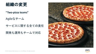 © 2019, Amazon Web Services, Inc. or its Affiliates. All rights reserved.
組織の変更
“Two-pizza teams”
Agileなチーム
サービスに関する全ての責任
開発も運用もチームで対応
 