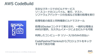 © 2019, Amazon Web Services, Inc. or its Affiliates. All rights reserved.
完全なマネージドのビルドサービス
ソースコードのコンパイル、実⾏、テスト、
ソフトウェアパッケージの⽣成など任意の処理を実⾏
処理性能の指定と同時複数ビルドでスケール
処理はDockerコンテナで実⾏され、⼀般的な環境は
AWSが提供。カスタムイメージによるビルドも可能
利⽤したコンピュータ リソース/分のみの⽀払い
CodePipelineやJenkinsからプロジェクトをキック
する形で統合可能
AWS CodeBuild
 