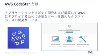 © 2019, Amazon Web Services, Inc. or its Affiliates. All rights reserved.
AWS CodeStar とは
アプリケーションをすばやく開発および構築して AWS
にデプロイするために必要なツールを備えたクラウド
ベースの開発サービス
 