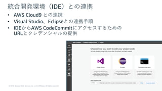 © 2019, Amazon Web Services, Inc. or its Affiliates. All rights reserved.
統合開発環境（IDE）との連携
• AWS Cloud9 との連携
• Visual Studio、Eclipseとの連携⼿順
• IDEからAWS CodeCommitにアクセスするための
URLとクレデンシャルの提供
 